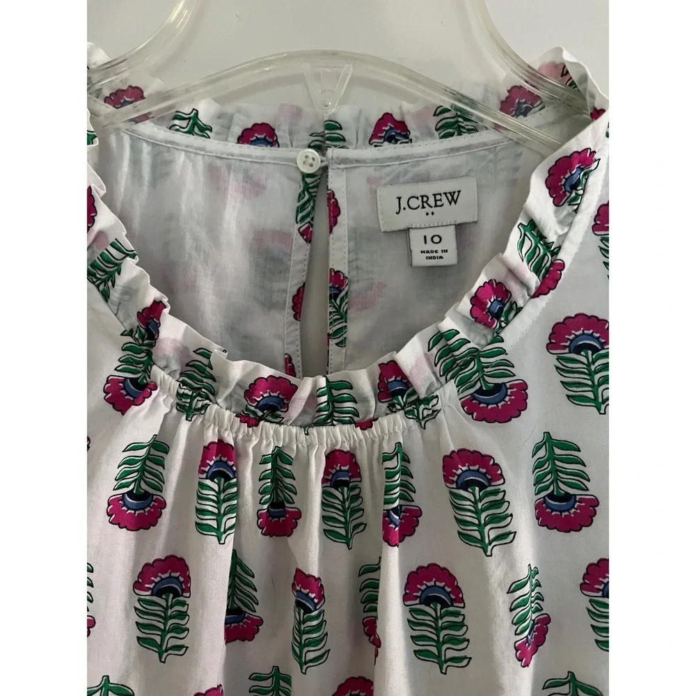 J.Crew Cotton Print Floral Ruffle Midi Dress Pink Green White Size 10